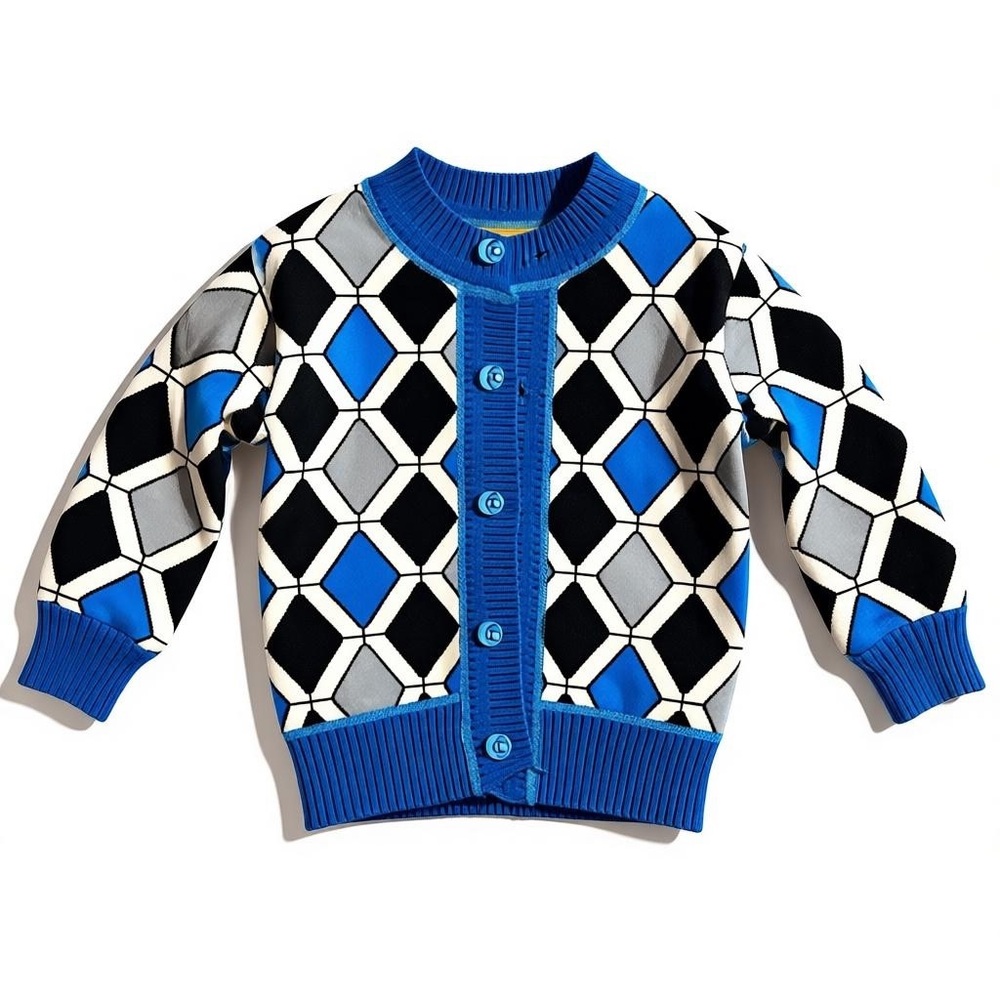 Vintage 90s Kids Geometric Cardigan | Blue Argyle Fleece Sweater 2T 3T